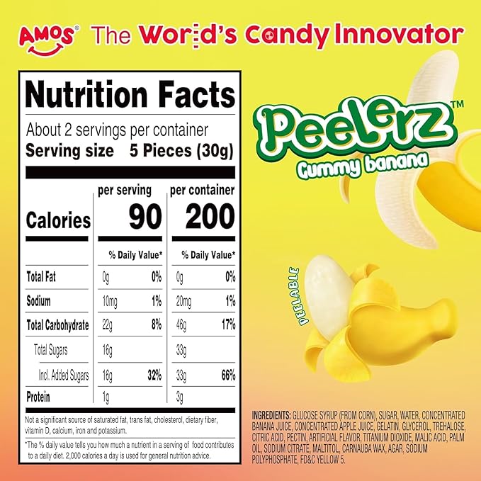 Amos Banana Peelerz - Bonbons gommeux pelables (62 g) - Éplucheurs de fruits et friandises